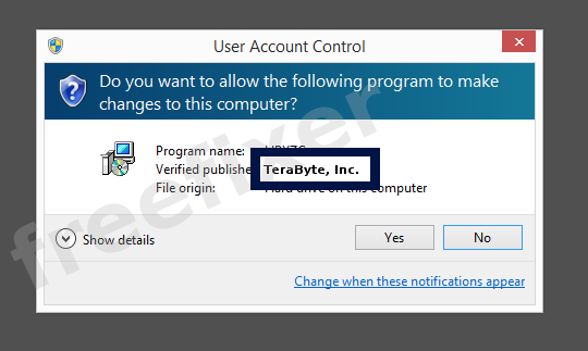 Screenshot where TeraByte, Inc. appears as the verified publisher in the UAC dialog